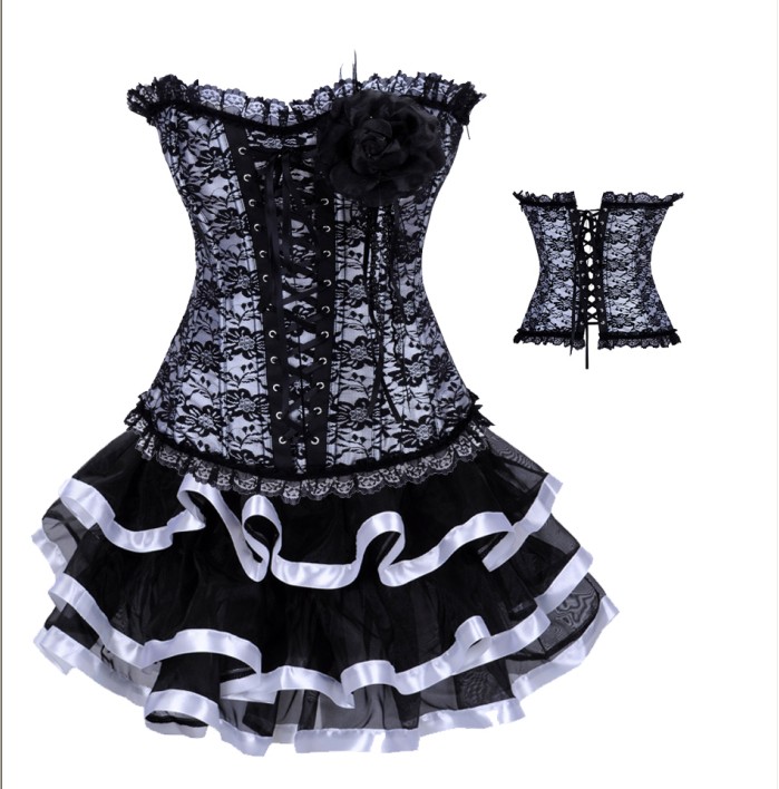 White Mini Clubwear Black Pleated Fishnet Corset